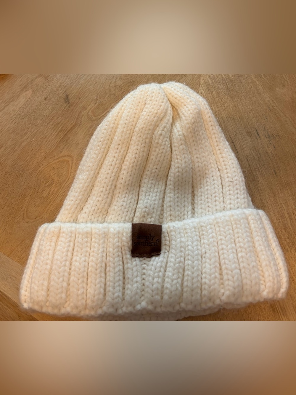 Simply Southern Cream Knit Cuffed Beanie with Leather Logo